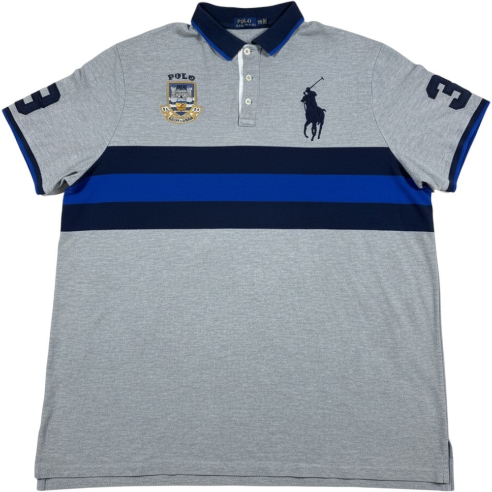 Polo Ralph Lauren Polo Shirt Mens XXL Gray Blue Striped Big Pony Crest Patch